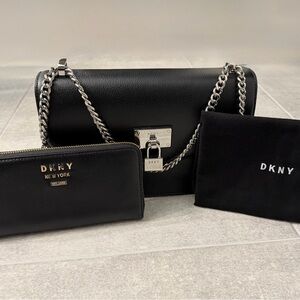 DKNY Elissa Shoulder Bag in Black-Silver & Black-Gold Zip Around Wallet Set